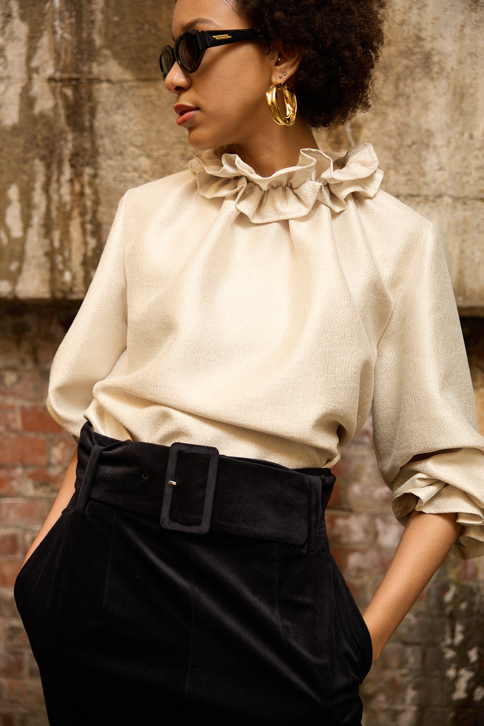 Ruffle Collar Metallic Blouse