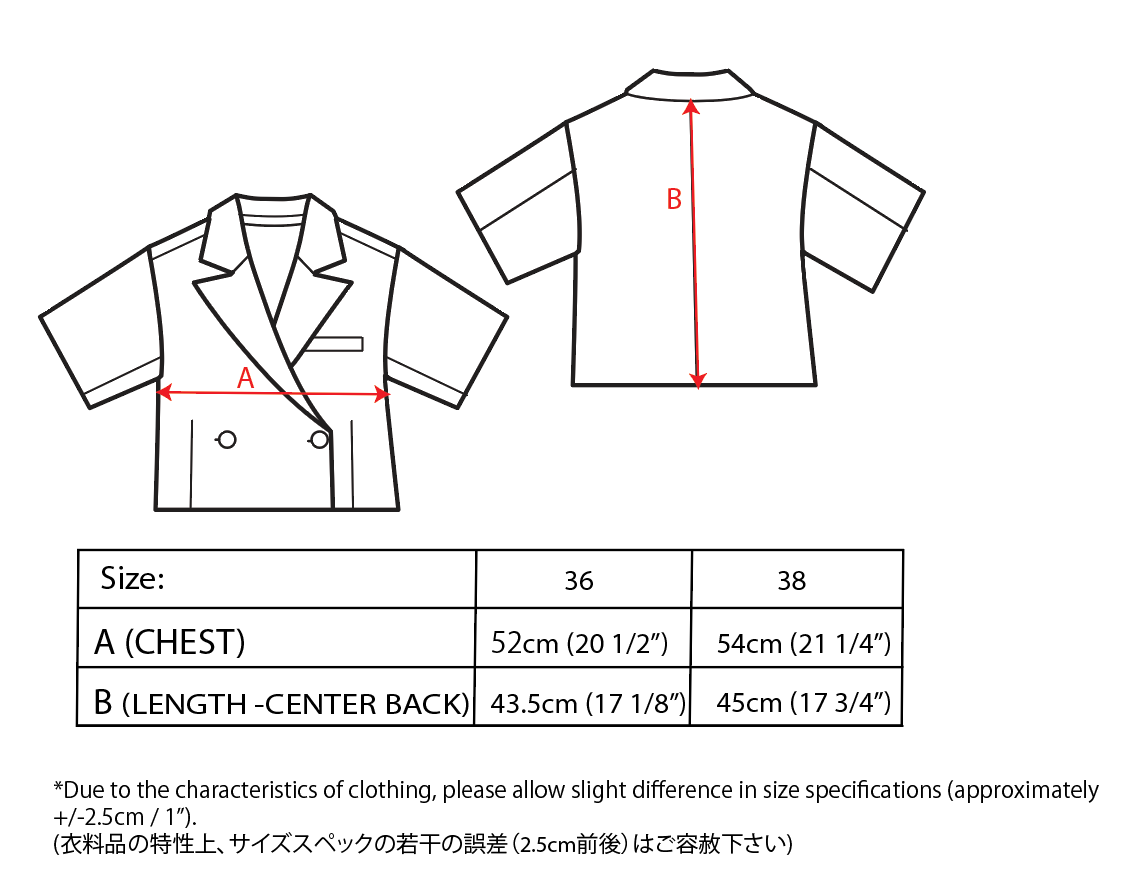 Two line drawings of shirts, labeled "a" and "b," showing different measurements for sizes 36 and 38, accompanied by a note on clothing size tolerance due to characteristics of fabric used in a Maison Lilli Yelena Short Sleeve Cropped Jacket - Jacquard.