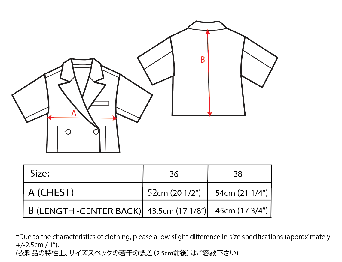 Illustration of two Yelena Short Sleeve Cropped Jackets in Marble Print with labeled measurements. The first image shows the front view labeled 'a' at chest width, the second is a back view labeled 'b' for length, with size chart below. By Maison Lilli.