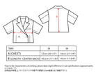 Illustration of two Yelena Short Sleeve Cropped Jackets in Marble Print with labeled measurements. The first image shows the front view labeled 'a' at chest width, the second is a back view labeled 'b' for length, with size chart below. By Maison Lilli.