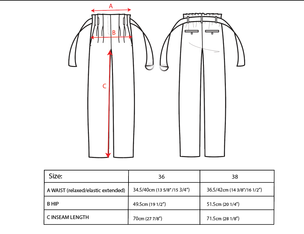 Technical drawing of Maison Lilli's Paperbag Pleated Pants - Marble Print with labeled dimensions a, b, and c indicating waist, hip, and inseam respectively. Measurements for sizes 36 and 38 listed below the illustration.