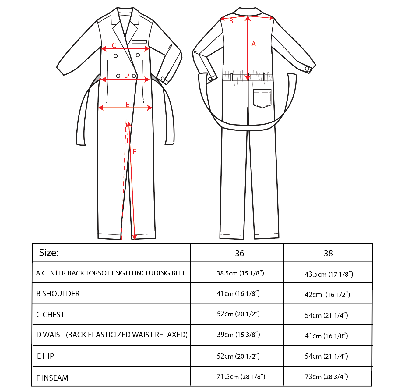 Technical illustration of a double-breasted trench coat with labeled measurement points. Includes a front view and a back view, each annotated with specific dimensions for sizes 36 and 38.
