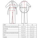 Technical illustration of a double-breasted trench coat with labeled measurement points. Includes a front view and a back view, each annotated with specific dimensions for sizes 36 and 38.